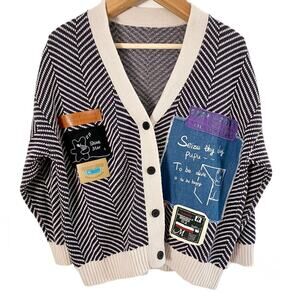 LEDiN Women's Cute PuPu Patch Oversized Cardigan Sweater Navy Cream Chevron M